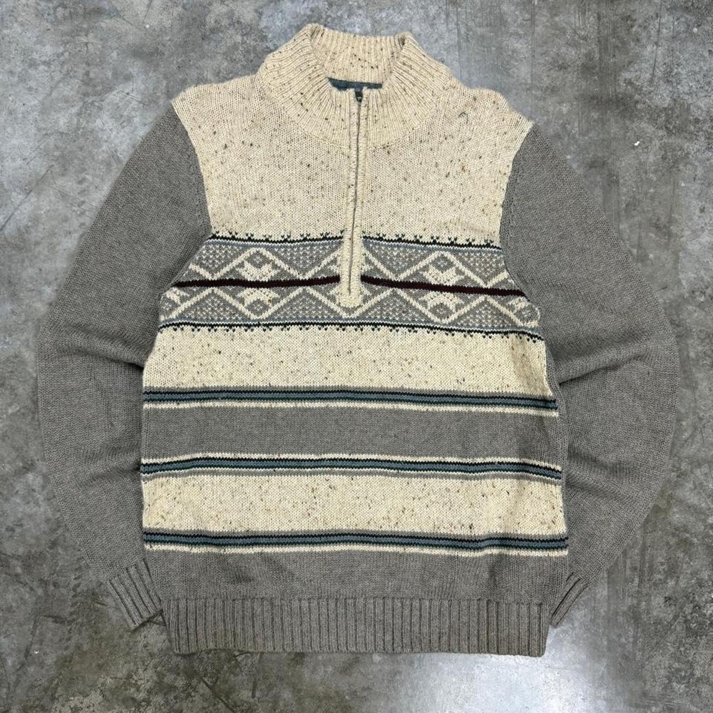 IZOD Mens Vintage Y2K Quarter Zip Sweater Beige Gray Nordic Knit Pullover S